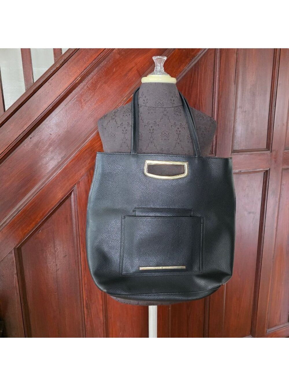 Steve Madden Black Pebbled Leather Tote Bag With Gold Accents & Matching Pouch